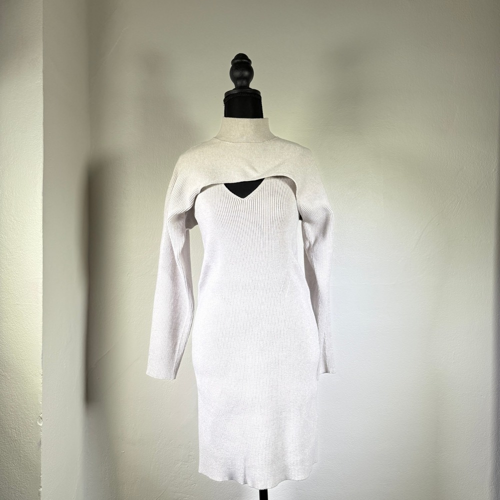 Banana Republic Asti Sweater Midi Dress & Shrug Set Womens L Gray Ribbed Knit